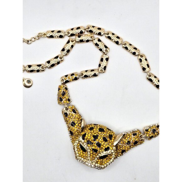 Vintage Golden Leopard necklace and pierced earrings set Emerald Green eyes 20" - Picture 5 of 10